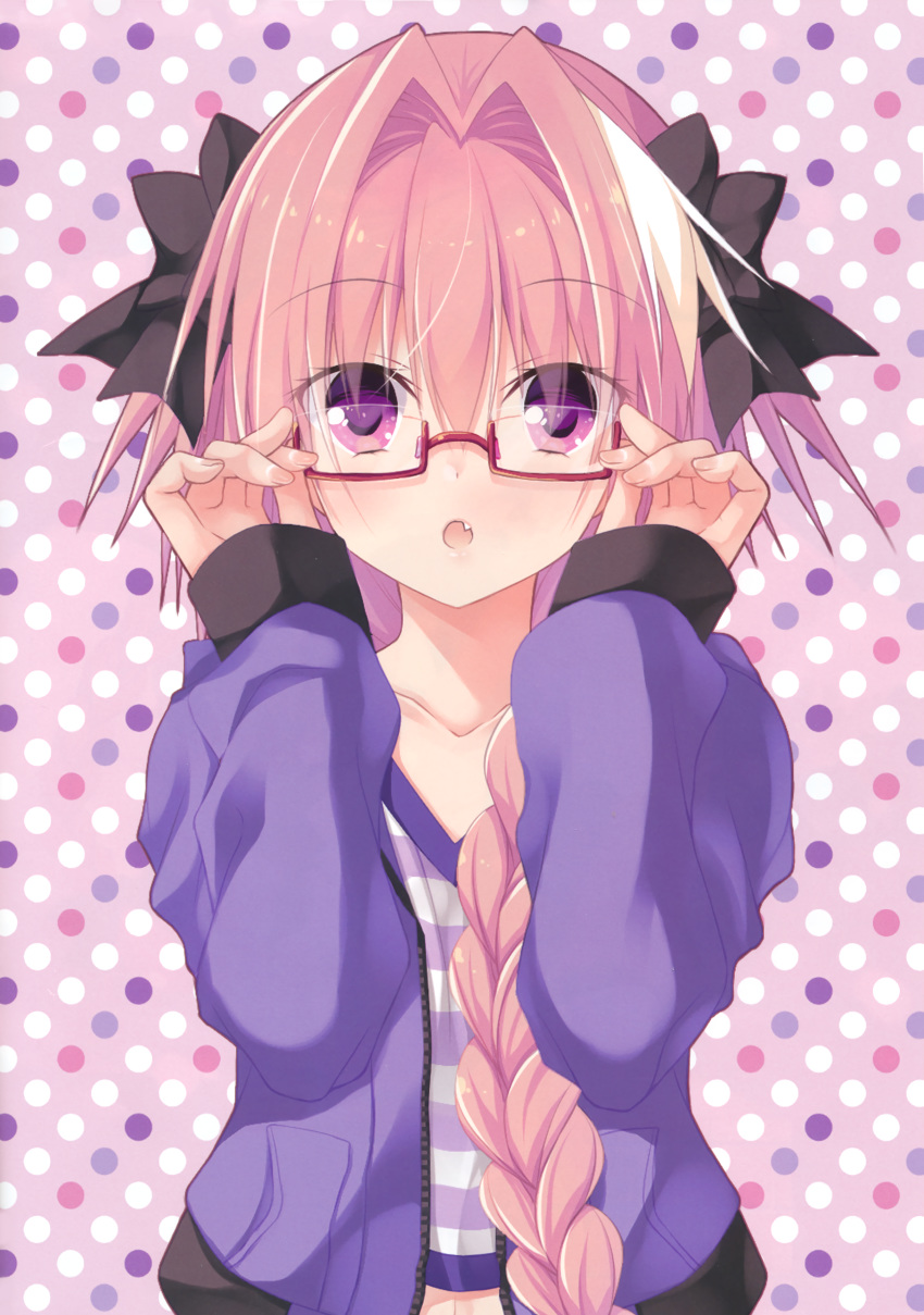 absurdres adjusting_eyewear androgynous astolfo_(fate) black_bow bow braid collarbone eyebrows_visible_through_hair fang fate/grand_order fate_(series) glasses hair_between_eyes hair_bow hair_over_shoulder hazumi_rio highres jacket long_hair looking_at_viewer male_focus open_clothes open_jacket open_mouth otoko_no_ko pink_hair polka_dot polka_dot_background ponytail purple_eyes purple_jacket red-framed_eyewear semi-rimless_eyewear solo striped under-rim_eyewear unzipped upper_body