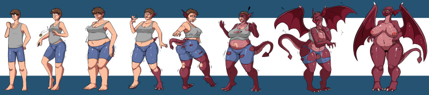 ! 2017 anthro barefoot big_breasts breasts brown_hair butt claws clothing dragon dragon_(shrek) female gender_transformation growth hair human human_to_anthro male mammal mtf_transformation nipples pants pussy sequence shirt short_hair shrek_(series) simple_background slightly_chubby slipe solo spade_tail standing surprise tail_growth torn_clothing transformation wide_hips wings