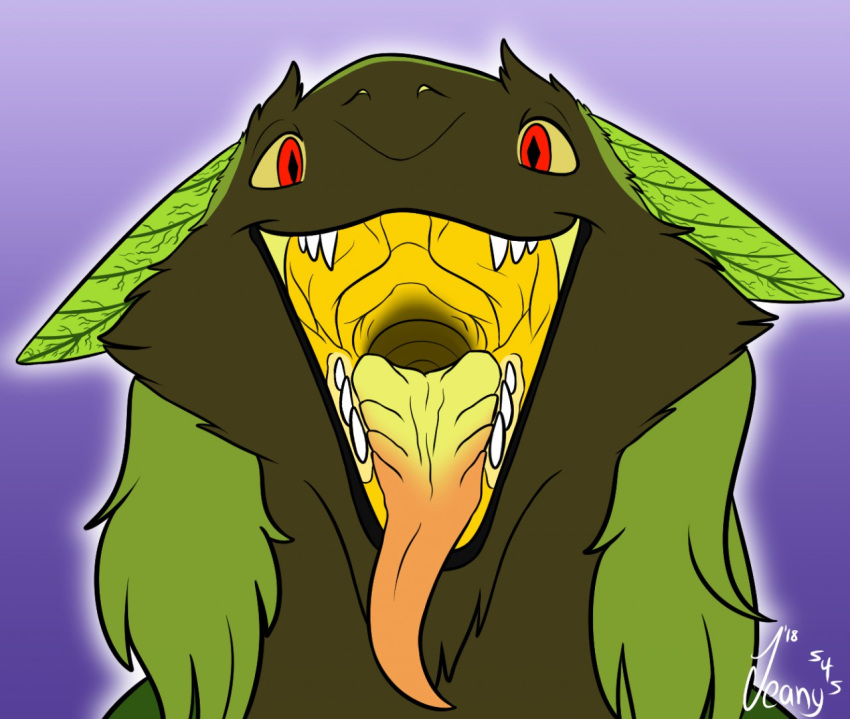 ambiguous_gender cheekfluff fangs green_sclera hair hybrid jeany545 long_hair looking_at_viewer open_outh plant red_eyes sergal solo teeth tongue