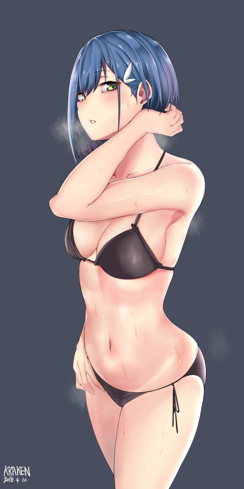 absurdres artist_name bare_arms bikini black_bikini blue_hair blush breasts collarbone commentary darling_in_the_franxx dated eyebrows_visible_through_hair green_eyes hair_ornament hairclip hand_on_hip highres ichigo_(darling_in_the_franxx) kuraken looking_at_viewer medium_breasts navel parted_lips revision short_hair side-tie_bikini simple_background solo standing steaming_body sweat swimsuit