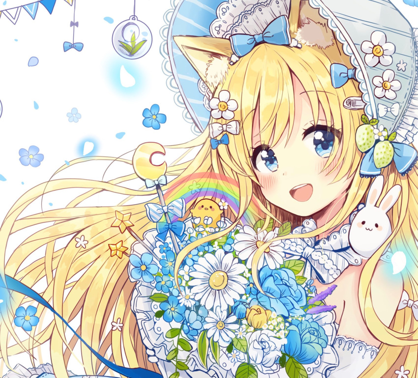 :d animal animal_ears animal_on_shoulder bangs bare_shoulders bird blonde_hair blue_bow blue_eyes blue_flower blush bonnet bouquet bow bunny bunny_on_shoulder cat_ears commentary crescent detached_sleeves diagonal_stripes eyebrows_visible_through_hair flower hair_bow hair_ornament hairclip hat highres holding holding_bouquet long_hair open_mouth original petals rainbow sakura_oriko smile solo star striped striped_bow upper_teeth very_long_hair white_bow white_flower white_hat