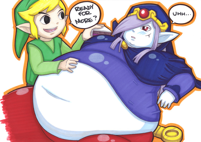 belly clothing duo eating feeding food hair humanoid hylian link male marker_(artwork) minish nintendo nipples not_furry obese overweight picori prisonsuit-rabbitman red_eyes stuffing text the_legend_of_zelda traditional_media_(artwork) vaati video_games