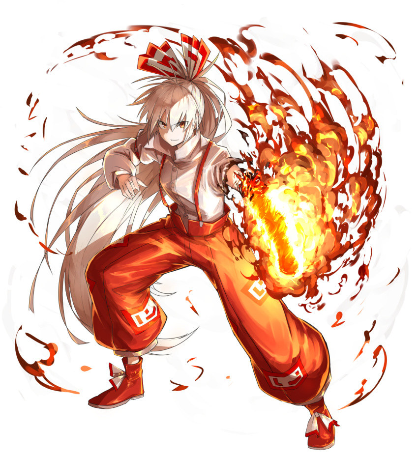 ahoge burning_hand burnt_clothes fire fujiwara_no_mokou hair_ribbon highres kan_(aaaaari35) long_hair pants ponytail red_eyes ribbon suspenders touhou very_long_hair white_hair