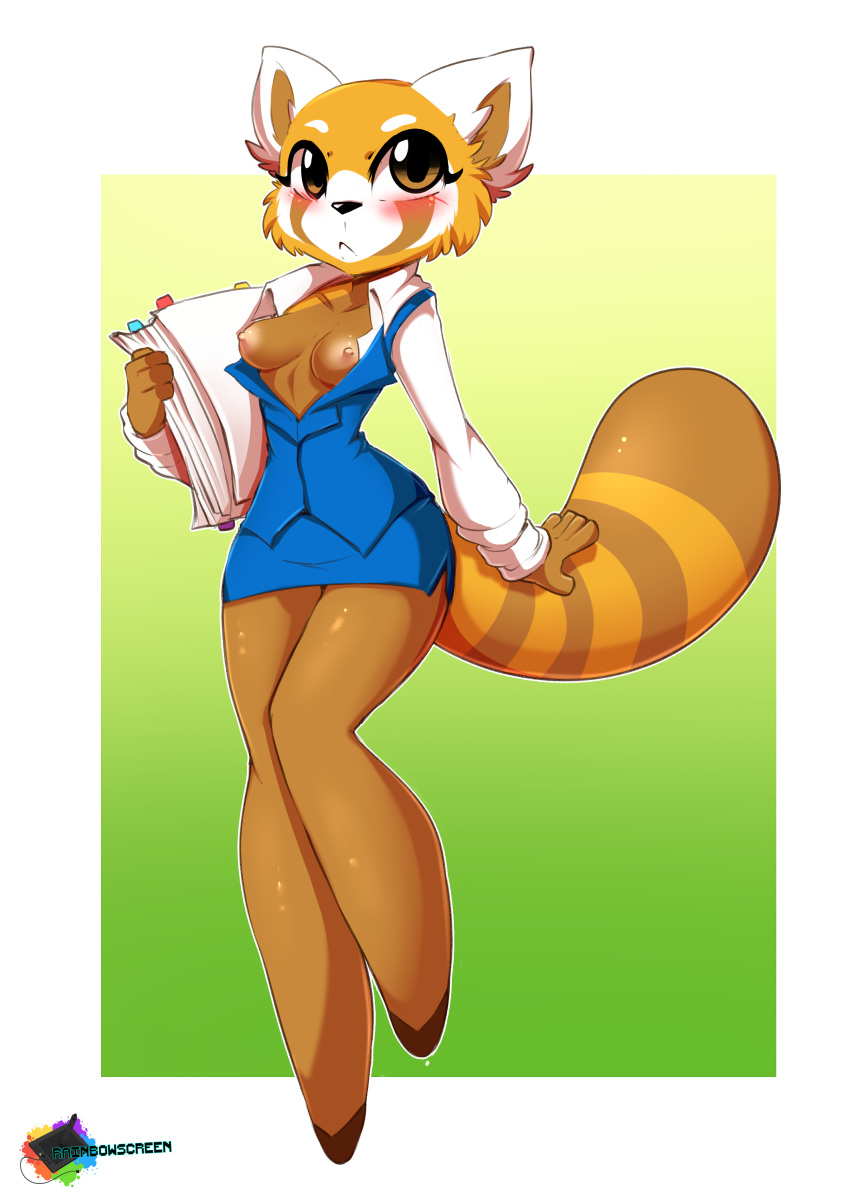 2018 absurd_res aggressive_retsuko anthro areola blush breasts clothed clothing digital_media_(artwork) female hi_res holding_object looking_at_viewer mammal nipples rainbowscreen red_panda retsuko sanrio solo