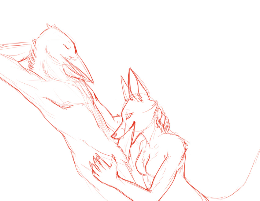 anthro avian bird canine corvid crow duo erection eyes_closed fellatio female fox happy happy_sex interspecies male male/female male_penetrating mammal monochrome nyxapnea oral oral_penetration penetration penis red_and_white sex simple_background sketch white_background