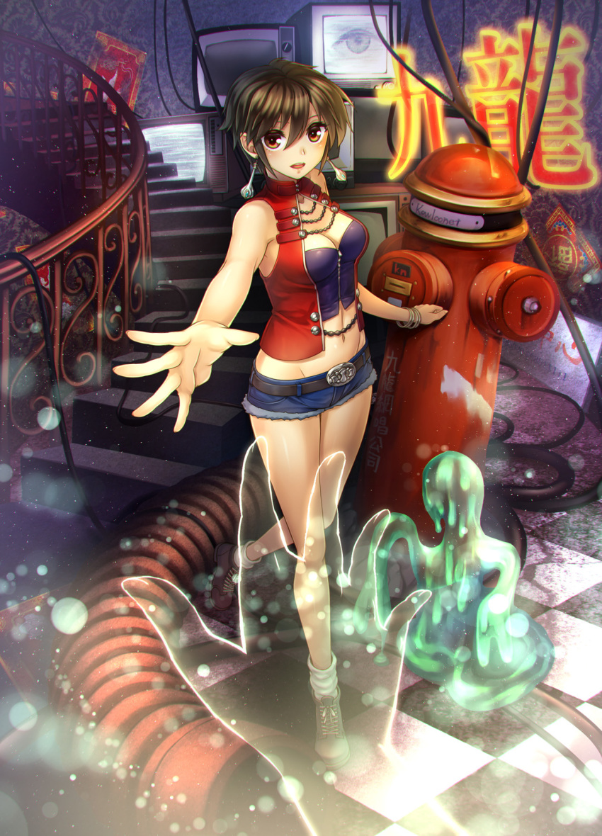 bare_shoulders belt breasts brown_eyes brown_hair cleavage commentary_request crt denim denim_shorts earrings groin hair_between_eyes highres jewelry looking_at_viewer medium_breasts midriff mitake_eiru navel original outstretched_arms red_vest short_hair short_shorts shorts solo spiral_staircase stairs television vest