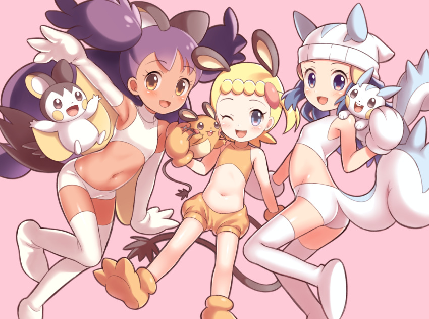 3girls :d ;d animal_ears armpits ass asymmetrical_hair bare_shoulders big_hair blonde_hair blue_eyes blue_hair blush child crop_top dark_skin dedenne dedenne_(cosplay) emolga emolga_(cosplay) eureka_(pokemon) eyebrows_visible_through_hair fake_tail flat_chest hat iris_(pokemon) long_hair looking_at_viewer looking_to_the_side mouse mouse_ears mouse_tail multiple_girls navel one_eye_closed pachirisu pachirisu_(cosplay) pokemon pokemon_(creature) pokemon_(game) pokemon_bw pokemon_bw_(anime) porocha purple_hair shorts simple_background squirrel squirrel_ears squirrel_tail tail thighhighs white_hat white_legwear