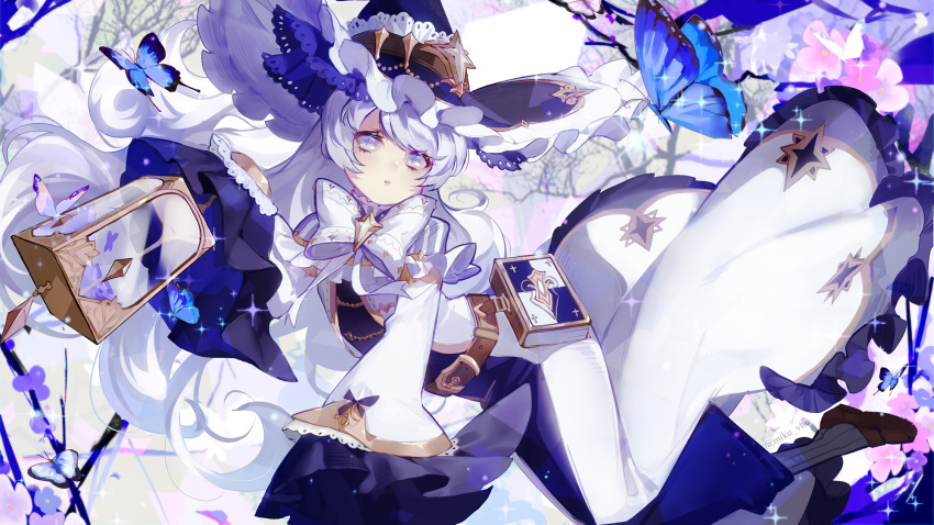 book bow butterfly dress flowers hat kneehighs long_hair original vhumiku watermark white_hair witch witch_hat