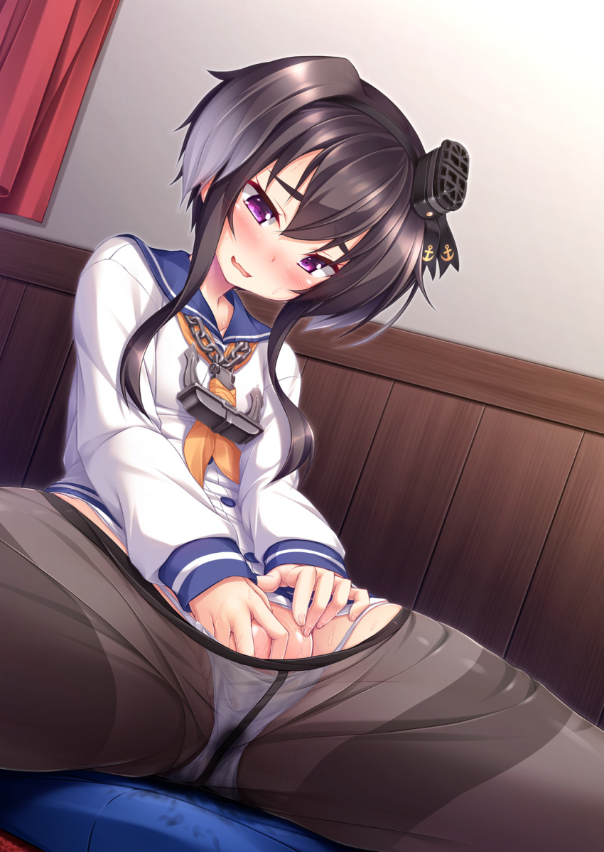 anchor black_hair black_legwear blush breasts commentary_request cushion fingering gradient_hair hairband hat headgear highres kantai_collection lowleg_pantyhose masturbation mini_hat mizunoe_kotaru multicolored_hair neckerchief panties panties_under_pantyhose pantyhose purple_eyes pussy_juice sailor_collar seamed_legwear shirt short_hair short_hair_with_long_locks side-seamed_legwear side-tie_panties sitting small_breasts solo spread_legs sweatdrop thighband_pantyhose tied_shirt tokitsukaze_(kantai_collection) two_side_up underwear white_panties