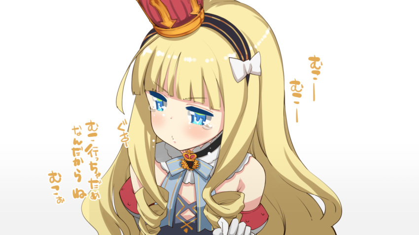 akino_sora azur_lane bangs bare_shoulders black_hairband blonde_hair blue_dress blue_eyes blunt_bangs blush bow closed_mouth crown detached_sleeves dress eyebrows_visible_through_hair gloves gradient gradient_background grey_background hair_bow hairband long_hair long_sleeves looking_away looking_to_the_side mini_crown queen_elizabeth_(azur_lane) solo striped striped_hairband tears translation_request v-shaped_eyebrows very_long_hair white_background white_bow white_gloves