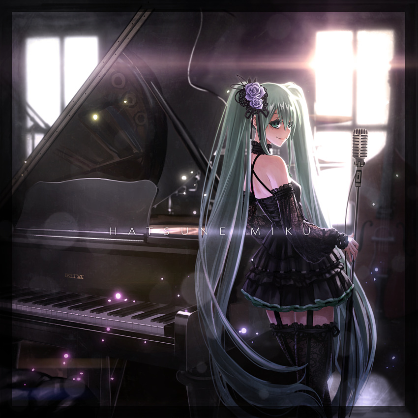 aqua_eyes aqua_hair artist_name bangs bare_shoulders black_border black_dress black_legwear blue_flower blue_rose border character_name choker closed_mouth commentary_request day detached_sleeves dress flower frilled_choker frills from_behind garter_straps garters grand_piano hair_flower hair_ornament hatsune_miku highres holding holding_microphone ikeda_(hayato) indoors instrument layered_dress lens_flare light_particles long_hair looking_at_viewer looking_back microphone piano pleated_skirt rose skirt smile solo sparkle standing sunlight thighhighs twintails very_long_hair vocaloid window zettai_ryouiki