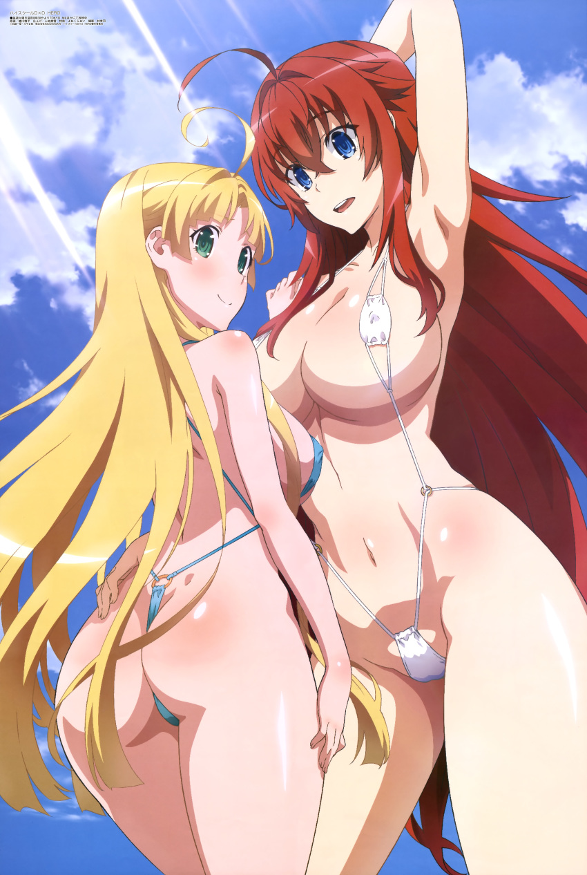 absurdres ahoge asia_argento ass blonde_hair blue_eyes blue_swimsuit blush body_blush breasts cleavage covered_nipples day eyebrows_visible_through_hair green_eyes hand_on_another's_hip hand_on_another's_shoulder high_school_dxd high_school_dxd_hero highres koikawa_shinpei large_breasts long_hair looking_back megami multiple_girls navel official_art open_mouth red_hair rias_gremory round_teeth sideboob sky slingshot_swimsuit smile swimsuit teeth white_swimsuit