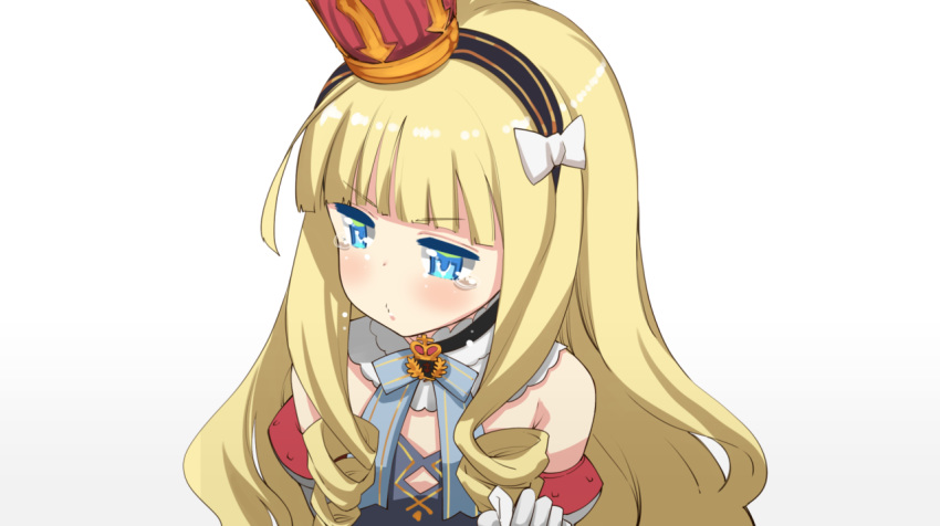 akino_sora azur_lane bangs bare_shoulders black_hairband blonde_hair blue_dress blue_eyes blunt_bangs blush bow closed_mouth crown detached_sleeves dress eyebrows_visible_through_hair gloves gradient gradient_background grey_background hair_bow hairband long_hair long_sleeves looking_away looking_to_the_side mini_crown queen_elizabeth_(azur_lane) solo striped striped_hairband tears v-shaped_eyebrows very_long_hair white_background white_bow white_gloves