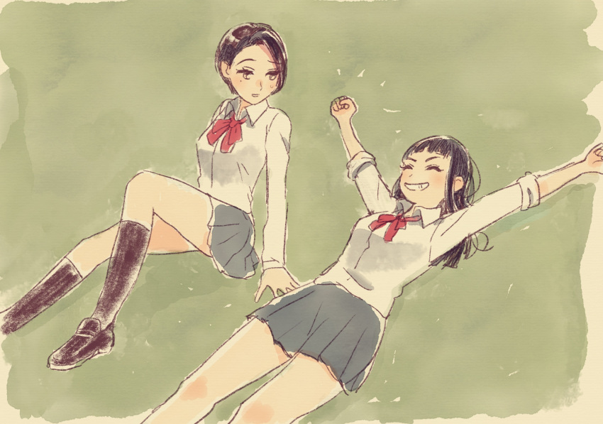 \o/ ^_^ arms_up bangs black_hair blunt_bangs clenched_hands closed_eyes faux_traditional_media grass grin highres kneehighs kobuchizawa_takako long_hair long_sleeves lying mole mole_under_eye multiple_girls outdoors outstretched_arms partially_colored school_uniform shirt shoes short_hair sitting skirt sleeves_rolled_up smile sora_yori_mo_tooi_basho spoilers stretch suzzy sweatdrop toudou_gin younger