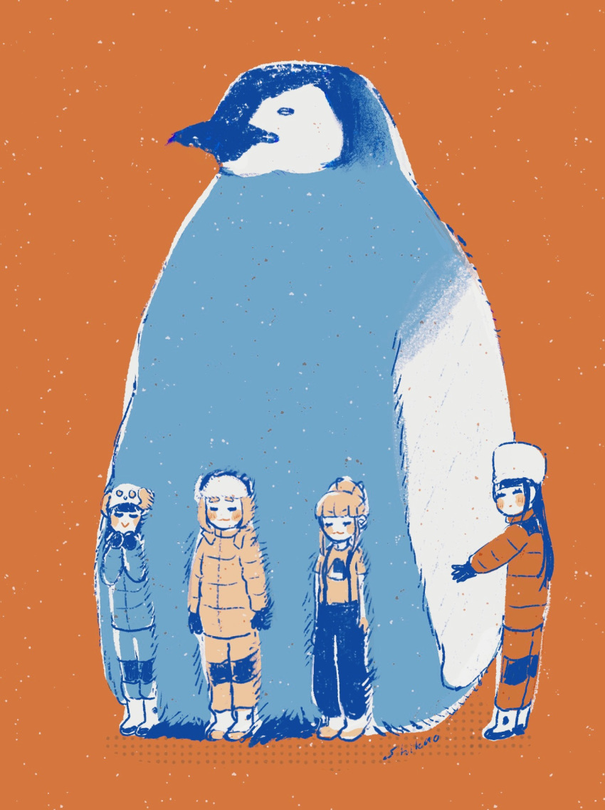 :3 ^v^ animal_hat bird blush boots closed_eyes dog_hat eyebrows eyebrows_visible_through_hair food food_print fur_hat gloves hat highres hug kobuchizawa_shirase miyake_hinata multiple_girls multiple_monochrome onigiri orange_background pants penguin shiraishi_yuzuki signature size_difference sora_yori_mo_tooi_basho sticker suspenders suzzy tamaki_mari ushanka winter_clothes