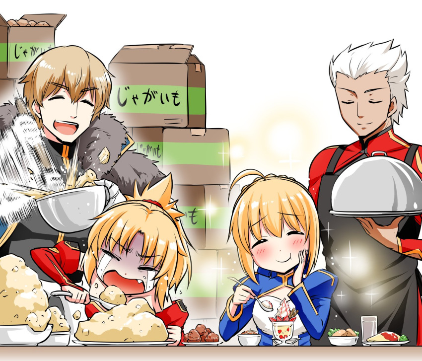 apron archer artoria_pendragon_(all) aunt_and_nephew blonde_hair blush brother_and_sister cape commentary crying dark_skin dessert eating fang fate/grand_order fate_(series) food fruit gawain_(fate/extra) gawain_(fate/grand_order) happy highres kanno_takanori mashed_potatoes mordred_(fate) mordred_(fate)_(all) mother_and_daughter multiple_boys multiple_girls omelet ponytail potato saber siblings sparkle spoon strawberry translated white_hair