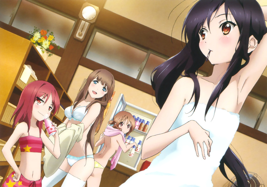 accel_world bra kouzuki_yuniko kurasaki_fuuko kurashima_chiyuri kuro_yuki_hime panties thighhighs topless towel underwear