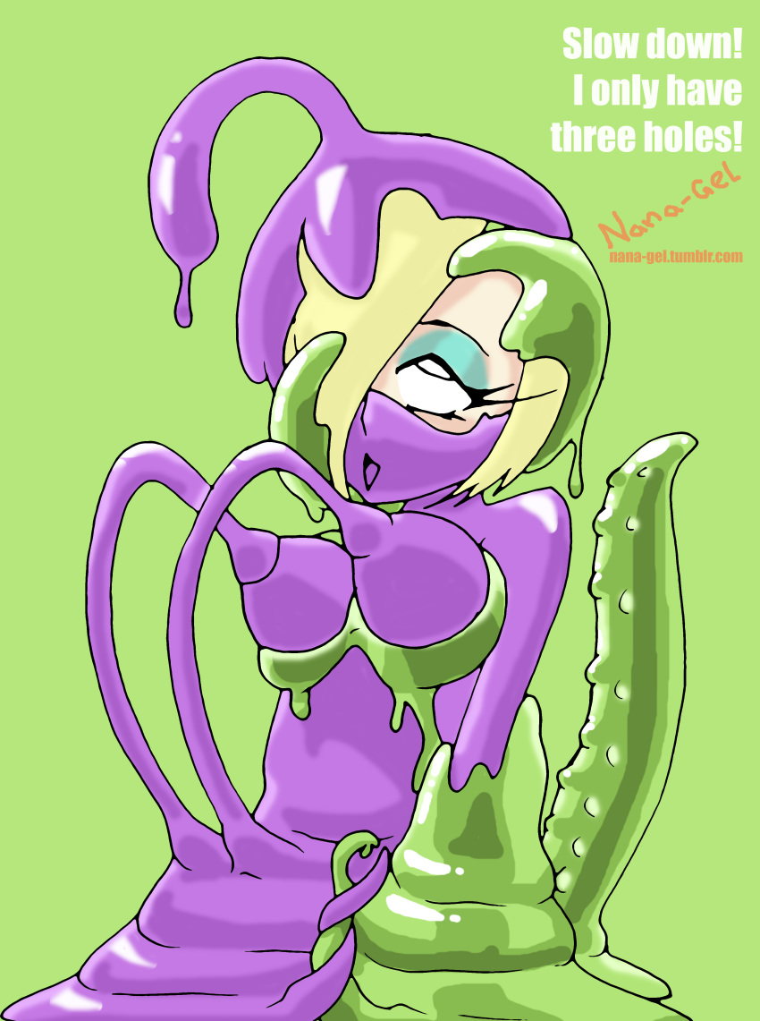 breasts eyeshadow female hi_res humanoid hypno_goo hypnosis makeup mind_control nana_gel not_furry penetration restrained rubber slime slime_pit solo tentacles translucent