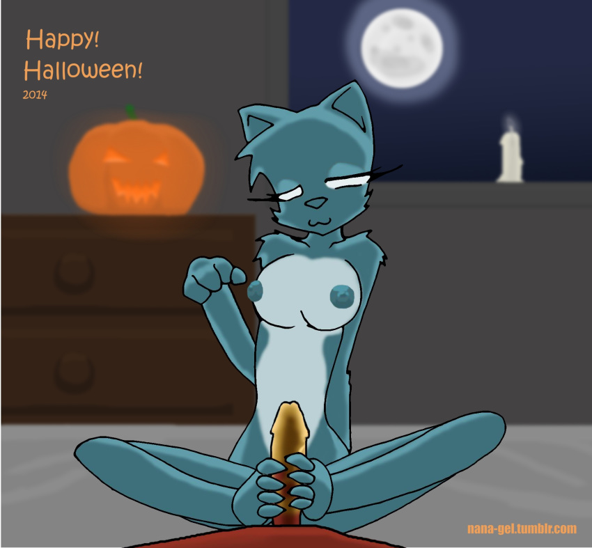 2014 4_toes :3 anthro cat duo erection faceless_male feline female food foot_fetish footjob fruit fur glowing jack-o'-lantern kitty_gel male male/female mammal nana_gel nude penis possession pumpkin sex solo_focus text toes two-footed_footjob