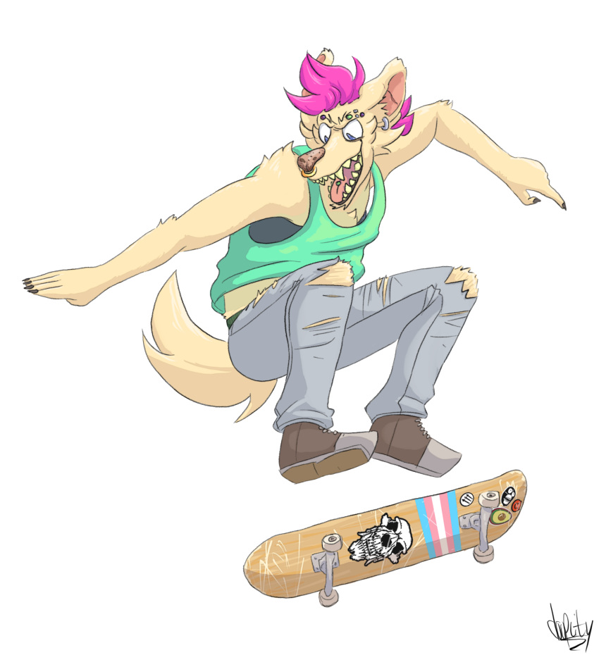 anthro brown_shoes canine clothed clothing doopcity ear_piercing facial_piercing footwear fully_clothed green_shirt hair jeans mammal nose_piercing open_mouth pants piercing pink_hair shirt shoes skateboard skateboarding solo tank_top teeth tongue tongue_piercing