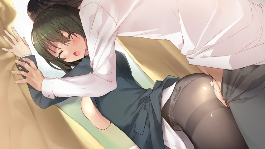 1girl ass black_hair blush breast_press breasts breasts_outside clothed_sex eyes_closed from_side game_cg highres indoors large_breasts legs moaning no_bra open_clothes open_mouth original panties panties_aside panties_under_pantyhose pantyhose school_uniform sex short_hair sideboob solo_focus standing thighs torn_pantyhose tsurusaki_takahiro underwear vaginal white_panties zutto_mae_kara_joshi_deshita