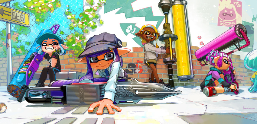against_wall asymmetrical_hair carbon_roller_(splatoon) chain-link_fence commentary dark_skin dynamo_roller_(splatoon) fangs fence flingza_roller_(splatoon) hanako515_ika hat headband highres inkling jellyfish_(splatoon) looking_at_viewer multiple_girls open_mouth plant pointy_ears poster purple_hair road_sign sign sitting smile splat_roller_(splatoon) splatoon_(series) splatoon_2 teeth tentacle_hair vines wariza wavy_mouth weapon
