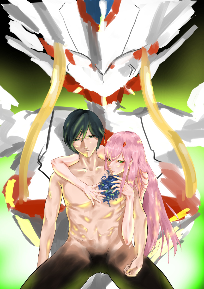 1boy 1girl black_hair blue_eyes couple darling_in_the_franxx green_eyes hand_on_another's_chest hiro_(darling_in_the_franxx) hug_from_behind kinokuniyamaru long_hair nude oni_horns pink_hair red_horns short_hair strelizia zero_two_(darling_in_the_franxx)