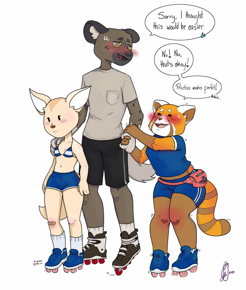 anthro blush canine chibi clothed clothing courtneylej dialogue english_text female fennec fenneko fox group haida hyena inline_skates larger_male male mammal red_panda retsuko size_difference smile standing text