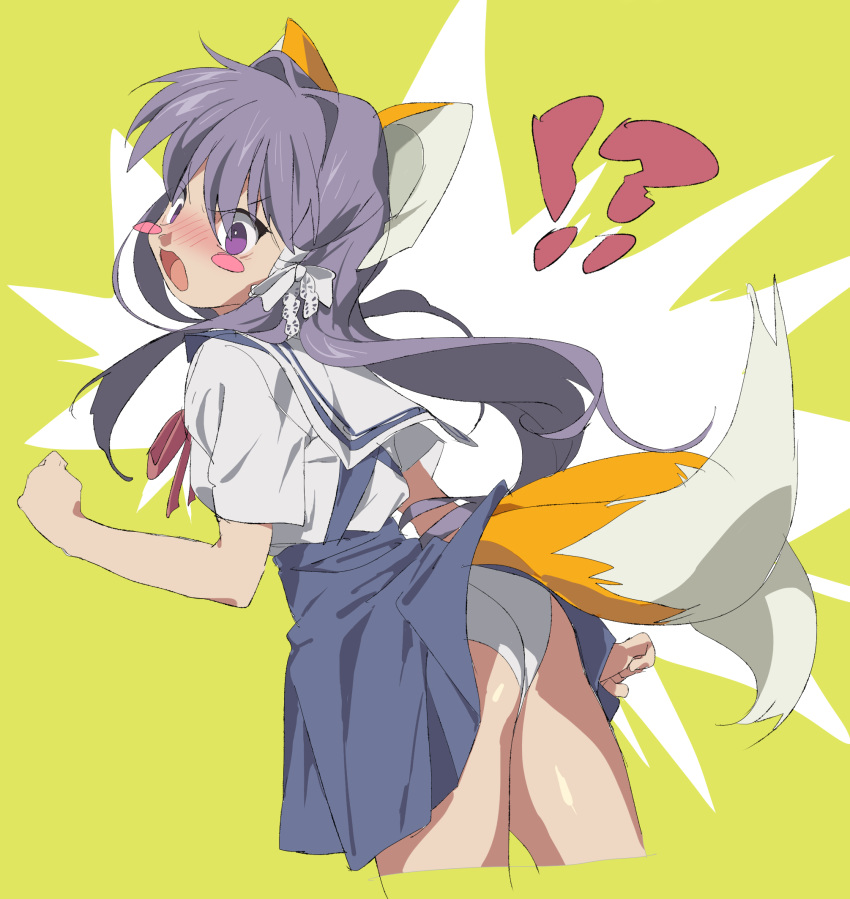 1girl animal_ears arm_at_side ass bangs bare_arms bare_shoulders blue_sky blush blush_stickers bow clannad cowboy_shot cropped_legs eyebrows eyebrows_visible_through_hair eyes_visible_through_hair fox_ears fox_tail from_behind fujibayashi_kyou hair_between_eyes hair_bow hair_intakes hair_tubes hand_up high-waist_skirt highres hikarizaka_private_high_school_uniform home_(houmei) inconvenient_tail kemonomimi_mode long_hair looking_back multiple_tails open_mouth panties pink_ribbon ribbon sailor_collar school_uniform serafuku shirt skirt sky solo straight_hair tail tongue underwear v-shaped_eyebrows white_bow white_panties white_sailor_collar white_shirt
