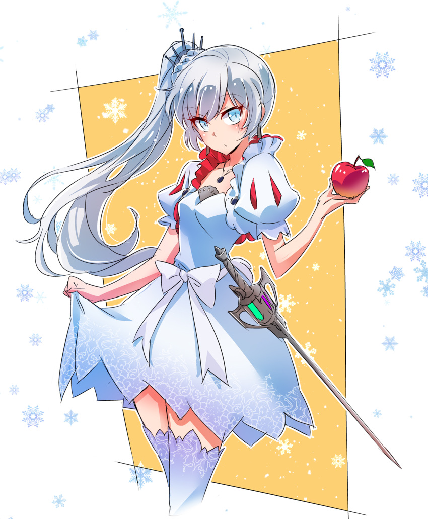 adapted_costume apple bow commentary dress earrings food fruit highres iesupa jewelry long_hair myrtenaster necklace ponytail rapier rwby scar scar_across_eye side_ponytail snow_white_and_the_seven_dwarfs solo sword thighhighs weapon weiss_schnee white_dress white_hair