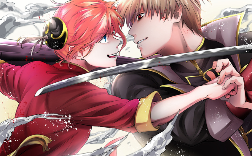 1girl :d bad_id bad_pixiv_id battle blood blue_eyes brown_hair closed_umbrella duel eye_contact face-to-face fighting gintama hair_ornament holding holding_umbrella kagura_(gintama) katana looking_at_another mammy-a okita_sougo open_mouth orange_hair parted_lips red_eyes red_shirt shirt short_hair smile sword umbrella unsheathed water weapon white_background