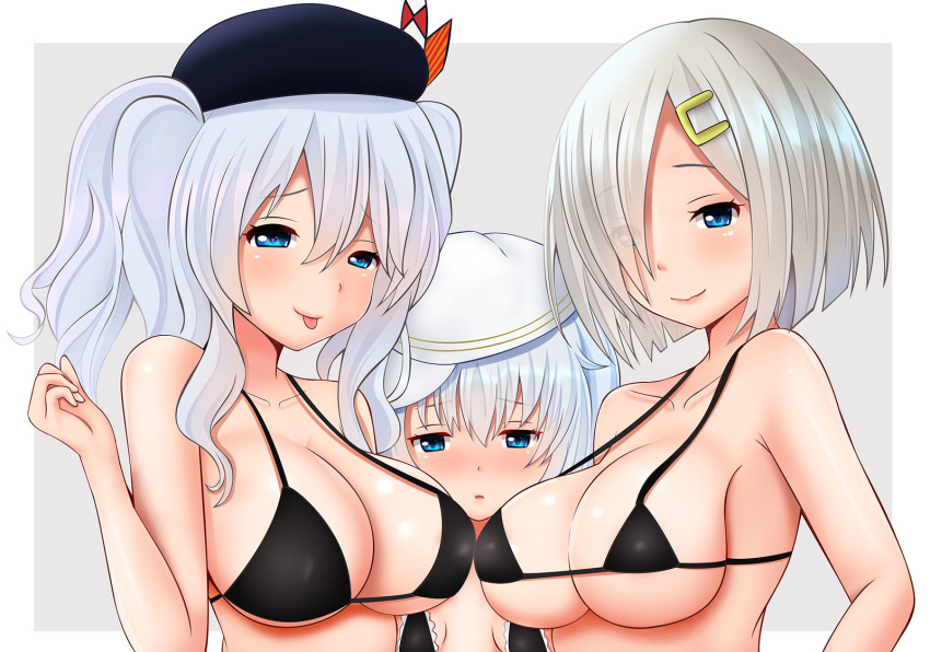 beret bikini_top black_bikini_top blue_eyes blush bra breast_envy breasts commentary eyebrows_visible_through_hair grey_hair hair_between_eyes hair_ornament hair_over_one_eye hairclip hamakaze_(kantai_collection) hat hibiki_(kantai_collection) hifumi_kei highres kantai_collection kashima_(kantai_collection) large_breasts long_hair looking_at_viewer multiple_girls peaked_cap sailor_hat silver_hair small_breasts swimsuit underwear verniy_(kantai_collection)