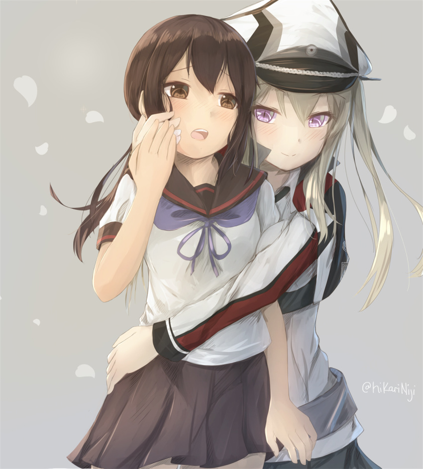 black_gloves black_hair black_sailor_collar black_skirt blonde_hair brown_eyes brown_hair capelet celtic_knot commentary english_commentary fubuki_(kantai_collection) gloves graf_zeppelin_(kantai_collection) grey_background grey_eyes hair_between_eyes hand_on_another's_cheek hand_on_another's_face hand_on_another's_hip hat highres hikari_niji hug hug_from_behind iron_cross kantai_collection low_ponytail military military_hat military_uniform multiple_girls open_mouth peaked_cap petals pleated_skirt ponytail purple_eyes remodel_(kantai_collection) sailor_collar school_uniform serafuku short_ponytail sidelocks skirt slit_pupils smile twintails twitter_username uniform yuri