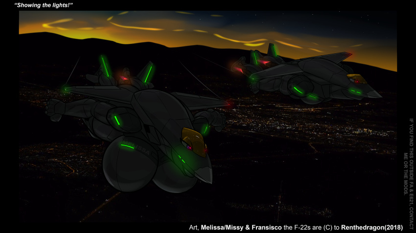 2018 aircraft aircraft_humanoid airplane anthro big_breasts breasts city cityscape duo english_text featureless_breasts female flying glowing glowing_eyes glowing_markings huge_breasts jet living_aircraft living_machine machine male markings missy_(renthedragon) not_furry photo_background renthedragon sky star starry_sky text wings