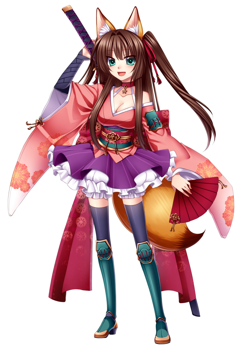 :d absurdres animal_ears black_legwear blush boots breasts brown_hair choker cleavage fan folding_fan fox_ears fox_tail full_body green_eyes green_footwear hair_ribbon hand_up highres holding holding_fan holding_sword holding_weapon japanese_clothes kimono knee_boots konshin large_breasts long_hair long_sleeves looking_at_viewer obi open_mouth original purple_legwear purple_skirt red_choker red_ribbon ribbon sash sengoku_koihime simple_background skirt smile solo standing sword tail thighhighs two_side_up weapon white_background zettai_ryouiki