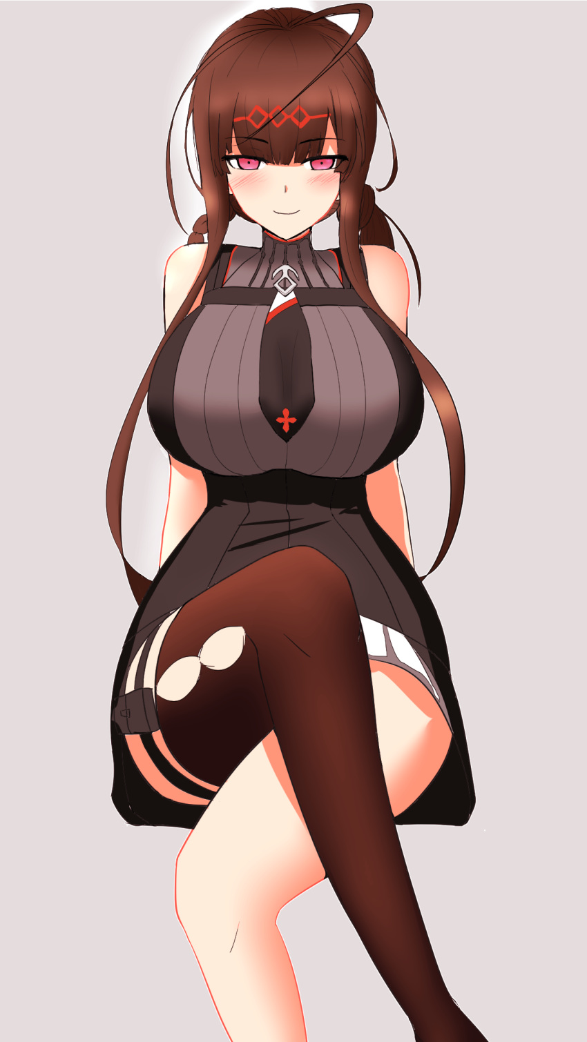 ahoge arm_support arms_behind_back bangs blunt_bangs blush breasts brown_hair commentary crossed_legs dress dsr-50_(girls_frontline) eyebrows_visible_through_hair feet_out_of_frame girls_frontline hair_ornament highres large_breasts long_hair looking_at_viewer necktie red_eyes shady sidelocks simple_background single_thighhigh sitting sleeveless sleeveless_dress smile solo thighhighs thighs turtleneck_dress very_long_hair work_in_progress
