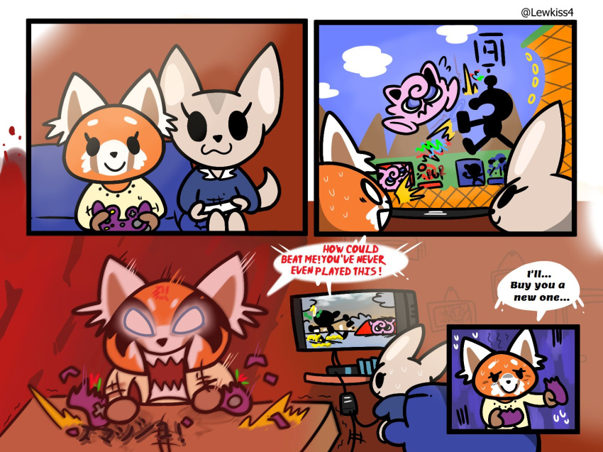 2018 aggressive_retsuko anthro black_nose canine clothed clothing comic controller eyelashes female fennec fenneko fox fur game_and_watch game_controller gamecube hi_res jigglypuff lewkiss4 mammal mr._game_and_watch nintendo pok&eacute;mon pok&eacute;mon_(species) red_panda retsuko sanrio simple_background television video_games