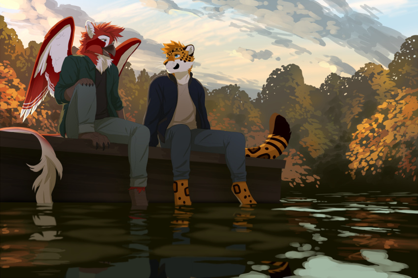 2018 akitamonster anthro avian cheetah clothed clothing day detailed_background digital_media_(artwork) duo feathers feline fur gryphon hair male mammal outside partially_submerged red_feathers red_hair sky smile spots spotted_fur water white_feathers