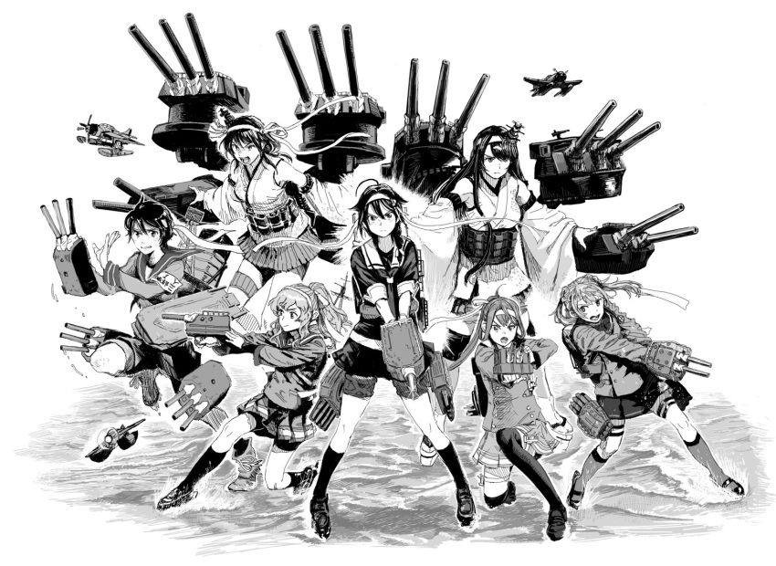 ahoge aircraft airplane asagumo_(kantai_collection) cannon collaboration commentary_request detached_sleeves e16a_zuiun full_body fusou_(kantai_collection) greyscale gufu_(guffuumu) hair_flaps hair_ornament headband hiro_(chumo) kantai_collection long_hair michishio_(kantai_collection) mogami_(kantai_collection) monochrome multiple_girls nontraditional_miko one_knee open_mouth ponytail remodel_(kantai_collection) rigging serious shigure_(kantai_collection) short_hair shorts simple_background standing standing_on_liquid standing_on_one_leg torpedo_tubes turret twintails white_background yamada_rei_(rou) yamagumo_(kantai_collection) yamashiro_(kantai_collection)