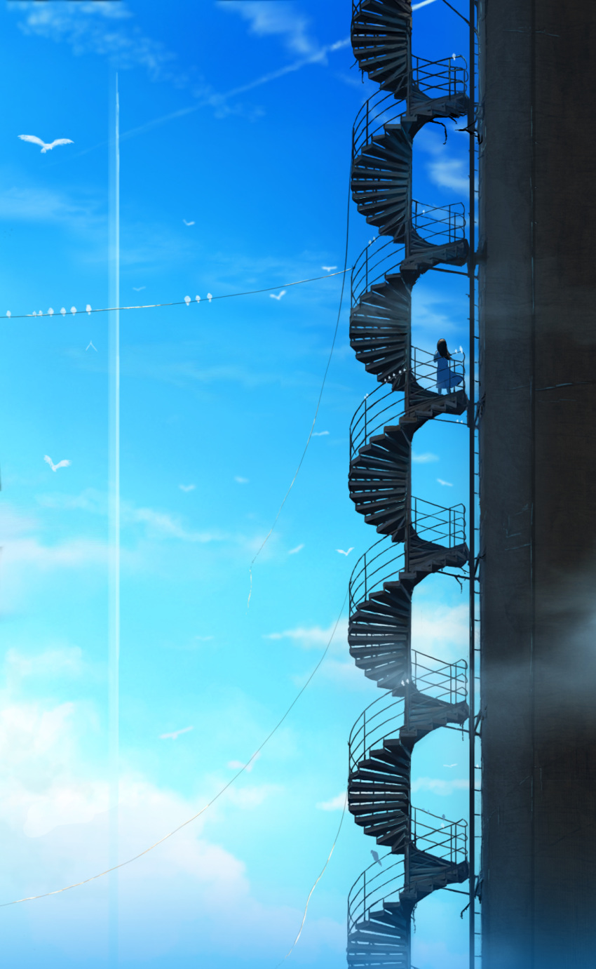 aki_(aki_k6) architecture bird blue_dress blue_sky brown_hair cable cloud cloudy_sky commentary_request condensation_trail day dress facing_away from_behind highres negative_space original outdoors power_lines scenery sky solo spiral_staircase stairs stairwell standing