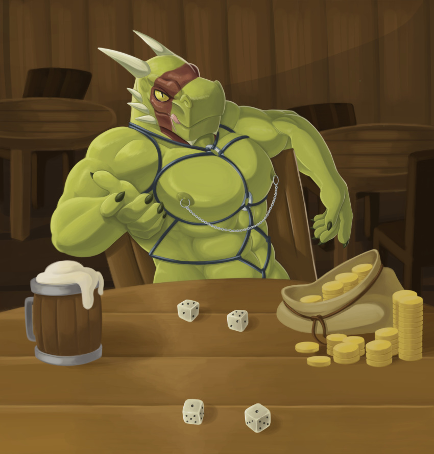 ahnik alcohol argonian beverage chair claws coin dice gold_(metal) gold_coin green_nipples green_scales horn licking licking_lips muscular nipple_piercing nipples piercing reptile scales scalie table the_elder_scrolls tongue tongue_out video_games yellow_sclera