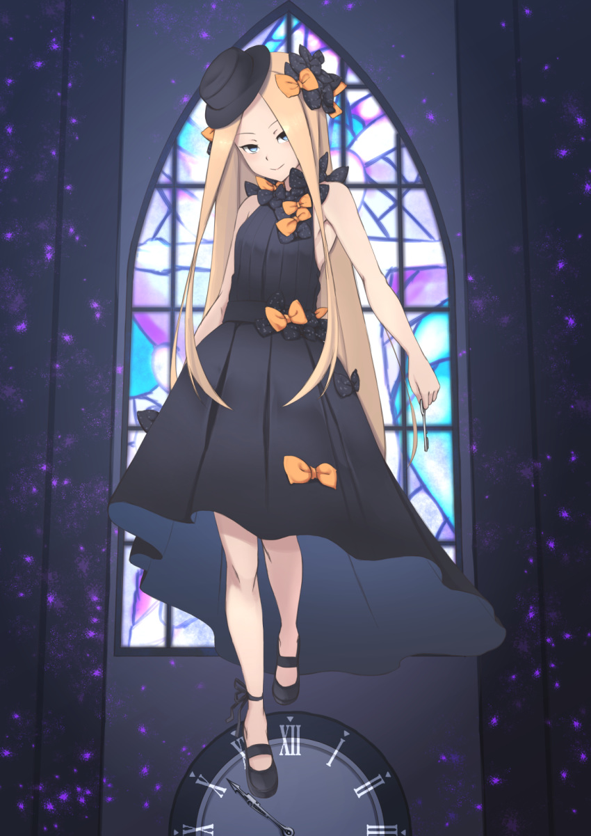 abigail_williams_(fate/grand_order) ankle_ribbon armpits bangs bare_arms bare_shoulders black_bow black_dress black_footwear black_hat black_ribbon blonde_hair blue_eyes blush bow clock closed_mouth commentary dress fate/grand_order fate_(series) hair_bow hat head_tilt highres holding holding_key jilu key long_hair mary_janes orange_bow parted_bangs polka_dot polka_dot_bow ribbon roman_numerals shoes sleeveless sleeveless_dress smile solo stained_glass very_long_hair window