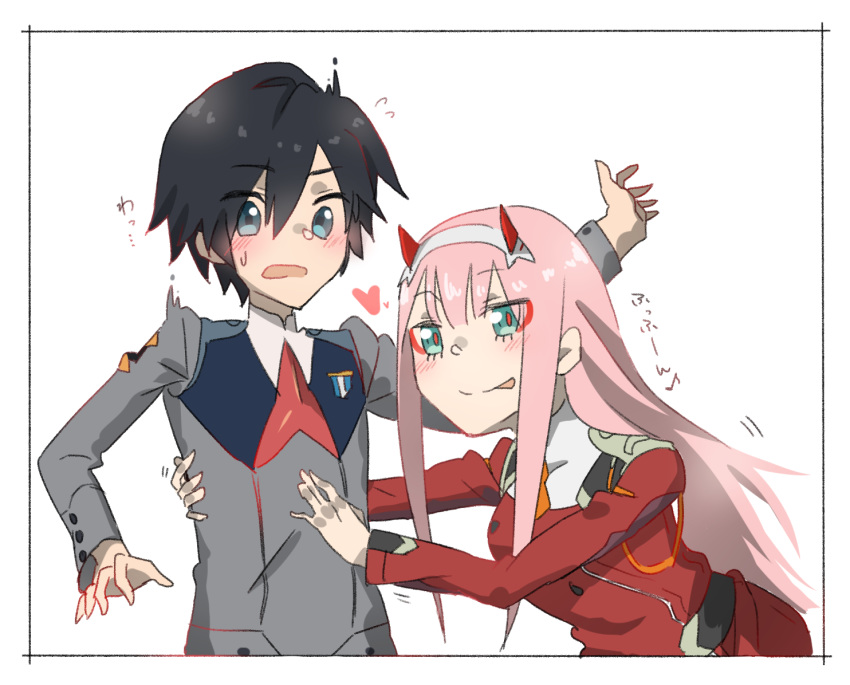1boy 1girl black_hair blue_eyes couple darling_in_the_franxx eyebrows_visible_through_hair green_eyes hair_ornament hairband hand_on_another's_chest heart hiro_(darling_in_the_franxx) horns lips long_hair military military_uniform necktie oni_horns orange_neckwear pink_hair red_horns red_neckwear short_hair sweatdrop uniform white_hairband zero_two_(darling_in_the_franxx)