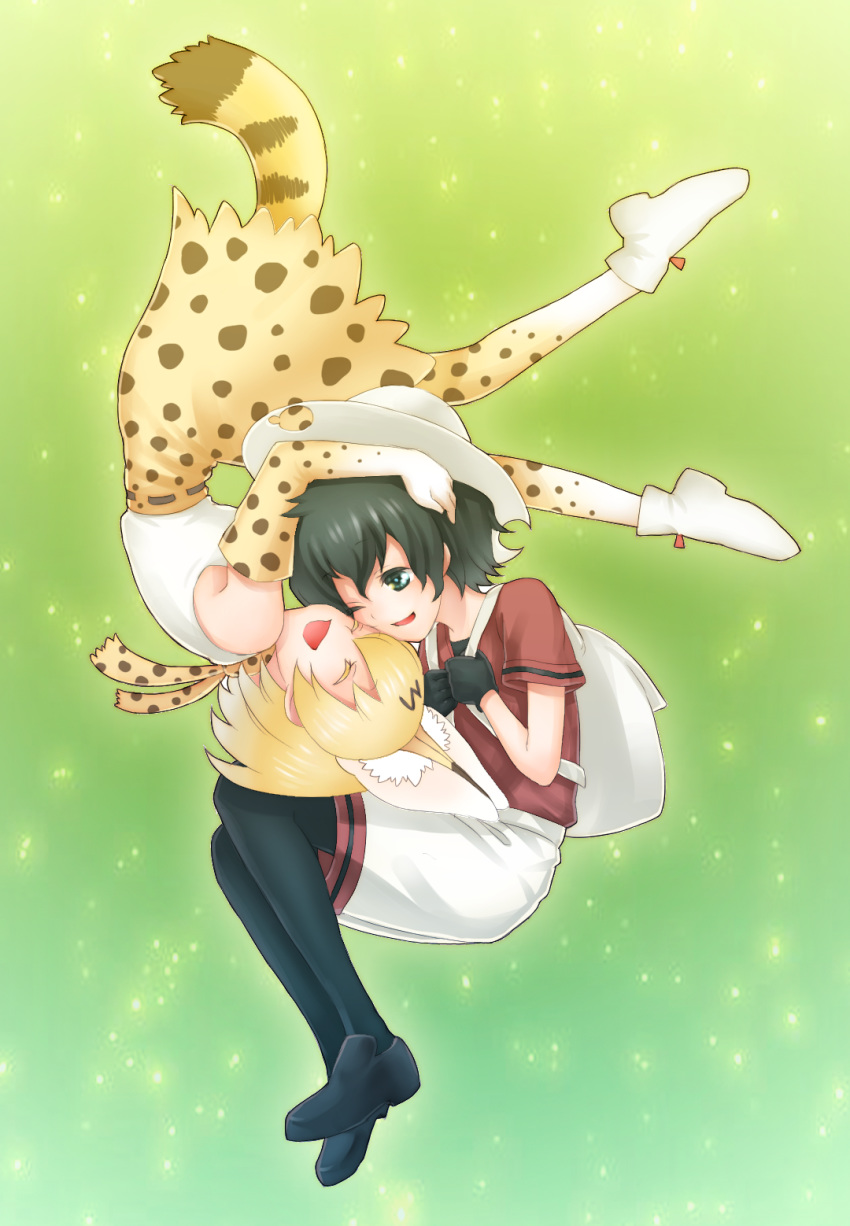 animal_ears backpack bag black_hair blonde_hair cheek-to-cheek closed_eyes colored_eyelashes commentary_request elbow_gloves gloves green_background green_eyes hat head_hug highres inukoro_(spa) kaban_(kemono_friends) kemono_friends multiple_girls one_eye_closed open_mouth pantyhose serval_(kemono_friends) serval_ears serval_print serval_tail short_hair shorts skirt sleeveless smile tail upside-down yuri