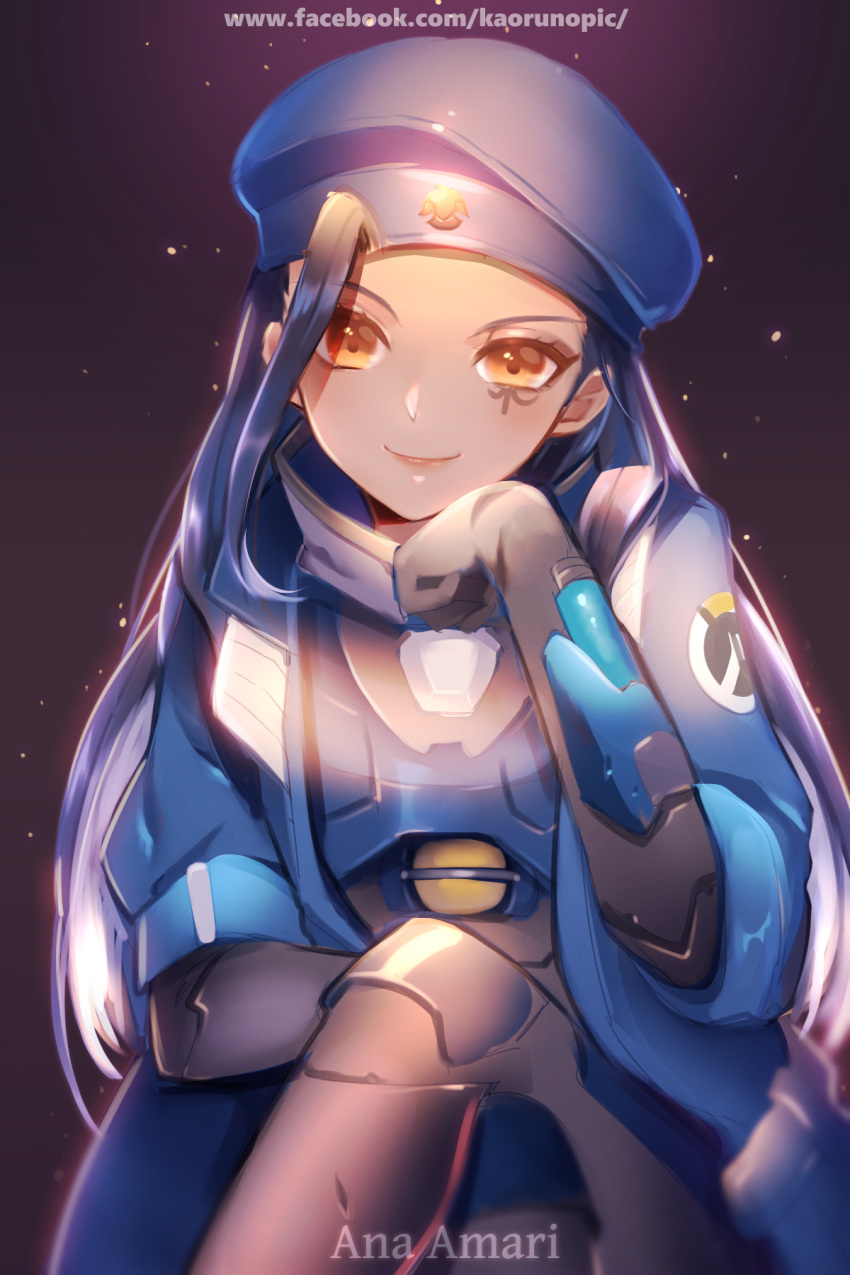 ana_(overwatch) armor atobesakunolove black_hair blue_hat brown_eyes character_name coat commentary_request facebook_username hat highres light_particles long_hair long_sleeves looking_at_viewer overwatch purple_background sitting smile solo watermark web_address