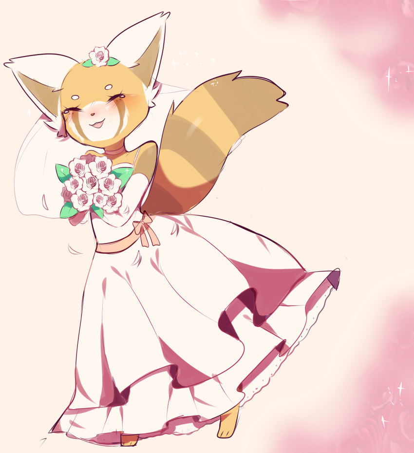 aggressive_retsuko bouquet clothing digital_media_(artwork) dress female flower flower_in_hair fredek666 happy mammal plant red_panda retsuko sanrio solo wedding_dress