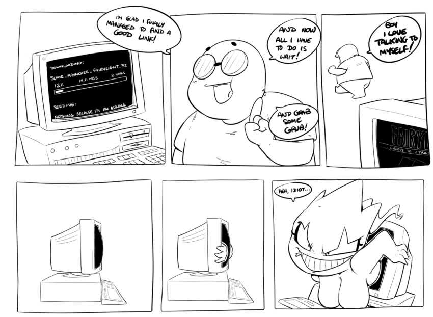 banette clothed clothing comic computer computer_virus crt_monitor eyewear female fully_clothed glasses human male mammal monochrome nintendo pok&eacute;mon pok&eacute;mon_(species) shoutingisfun video_games