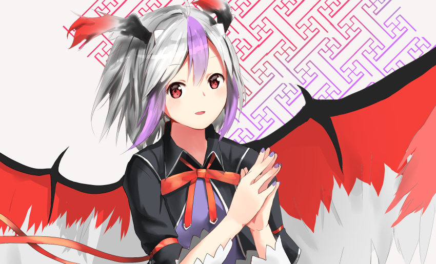 :d ahoge bangs eyebrows eyebrows_visible_through_hair fingernails fingers_together hair_between_eyes hands_up head_wings highres horns isaka_wasabi looking_at_viewer multicolored multicolored_hair multicolored_wings nail_polish open_mouth purple_hair purple_nails red_eyes red_ribbon red_wings ribbon silver_hair silver_wings smile solo tokiko_(touhou) touhou two-tone_hair upper_body wings