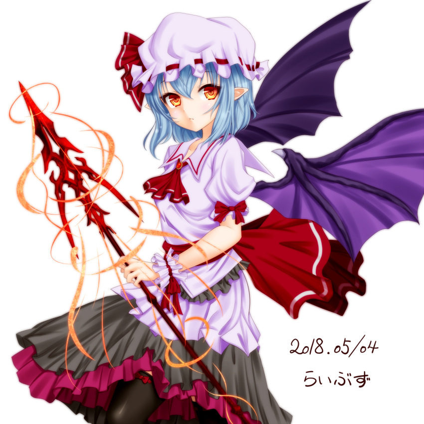 adapted_costume arm_ribbon artist_name bat_wings black_legwear blue_hair breasts brooch commentary_request cowboy_shot cravat dated expressionless eyebrows_visible_through_hair hair_between_eyes hat hat_ribbon highres holding holding_spear holding_weapon jewelry lavender_shirt layered_skirt light_trail looking_at_viewer mob_cap orange_eyes pointy_ears polearm puffy_short_sleeves puffy_sleeves red_neckwear remilia_scarlet ribbon runasion sash short_hair short_sleeves simple_background small_breasts solo spear spear_the_gungnir standing thighhighs touhou weapon white_background wings wrist_cuffs