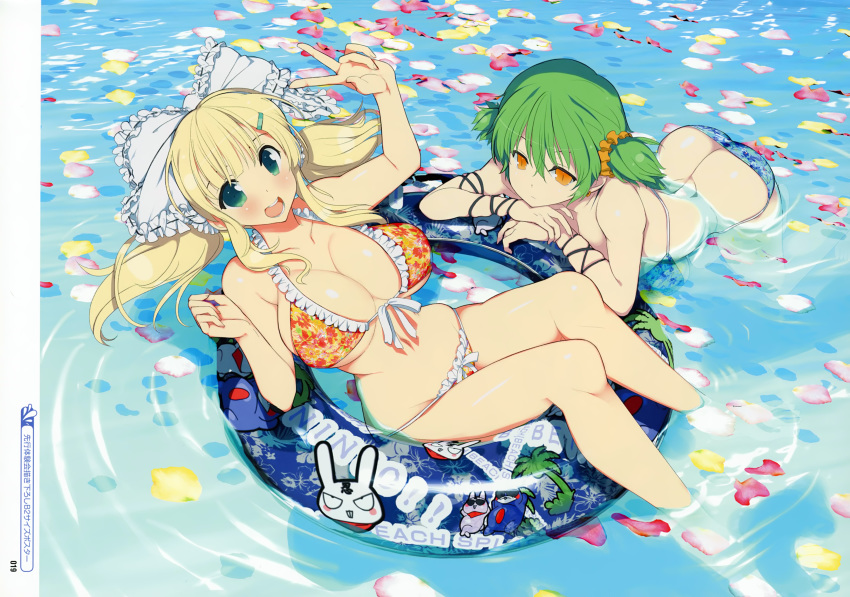 absurdres ass bangs bare_arms bare_legs bare_shoulders bikini blonde_hair blue_innertube blush bow breasts butt_crack cleavage day fingernails floral_print frills front-tie_bikini front-tie_top green_eyes green_hair hair_bow hair_ornament hairclip highres hikage_(senran_kagura) huge_filesize innertube large_breasts looking_at_viewer multiple_girls non-web_source official_art open_mouth outdoors partially_submerged petals petals_on_liquid scan senran_kagura senran_kagura_peach_beach_splash short_twintails sidelocks smile swimsuit translation_request twintails v water yaegashi_nan yellow_eyes yomi_(senran_kagura)